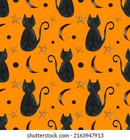 Bright watercolor seamless pattern for Halloween  Various mystical elements  black cat  stars moon an orange background 