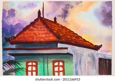 A bright watercolor sketch of asian style house and sunset. Hand drawn aquarelle landscape of tropical  dusk in town.
