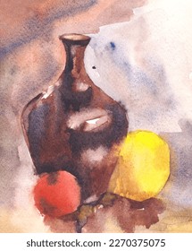 A bright watercolor still  life painting and jar  an apple  background draperies  Watercolor illustrartion 