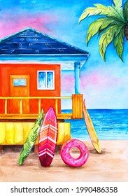 A bright watercolor summer illustration with a tropical beach, beach house, surfboards and lifebuoy. Watercolor background for postcard, poster, Hawaiian party decoration, invitation, cover, brochure 