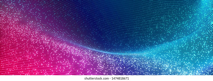 Bright Wavy Background. Glowing Dots And Lines. Neon Light. Wave Element For Design. Smooth Particle Waves. Dynamic Techno Wallpaper. Blue And Red Color