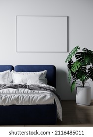 Bright White Bedroom With A Blue Navy Bed. Horizontal Large 1 One Frame For Art. Mockup For A Picture. Background Wall Interior Design. 3d Rendering