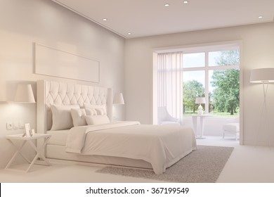 Bright white bedroom with king size bed on a day (3D Rendering)