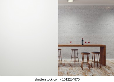 Bright white brick pub or bar interior with copy space on wall. Mock up, 3D Rendering 