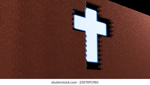 Bright white cross embedded in a red brick wall on dark background symbolizing spiritual emergence and faith breaking through obstacles with ample copy space on the left.
