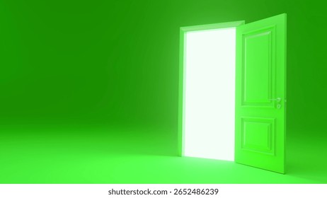 Bright white light streaming through an open green door in a vibrant green room creates a sense of hope and optimism, symbolizing new beginnings and endless possibilities