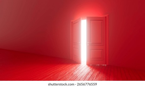 Bright white light streaming through open red double doors into empty red room with wooden floor, creating a mysterious and surreal atmosphere