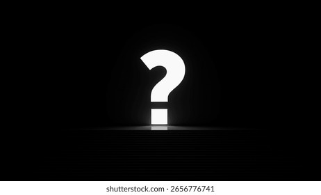 Bright white question mark illuminating a dark room with stairs, creating an atmosphere filled with mystery and intrigue, inviting curiosity and contemplation about the unknown