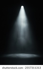 Bright white spotlight shining it's ethereal bright rays of light. Isolated against a black background. God's light shining down. Heavenly and ethereal. Fantasy shining glow with mist and fog. 