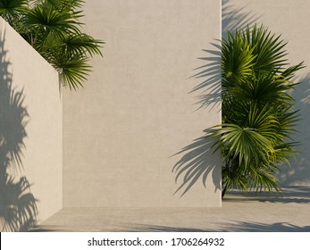 Bright White Wall With Green Tropical Leaves, Sunlight With Shadows. Summer, Spring Background. 3d Rendering.