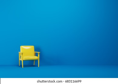 Bright Yellow Armchair Is Standing In An Empty Blue Room With A Blue Floor. Concept Of Minimalism. 3d Rendering Mock Up