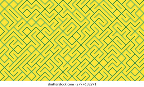A bright yellow background featuring a complex green geometric pattern with interconnected lines and shapes