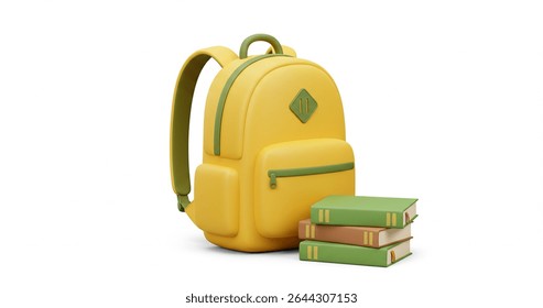 Bright Yellow Backpack and Stack of Books Back to School Essentials, Education Supplies, Learning Journey
