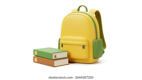 Bright Yellow Backpack and Stack of Books Back to School Essentials, Education Supplies, Learning Journey