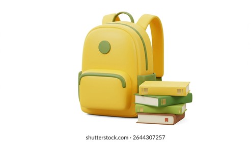 Bright Yellow Backpack and Stack of Books Back to School Essentials, Education Supplies, Learning Journey