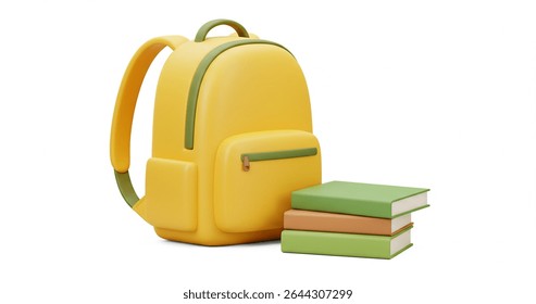 Bright Yellow Backpack and Stack of Books Back to School Essentials, Education Supplies, Learning Journey