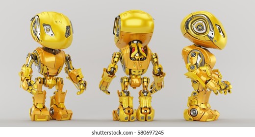 Bright yellow bbot trio robot in different angles, 3d render