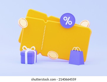 A Bright Yellow Coupon With A Gift And Scattered Coins. Sale By Online Promo Code. Also Use Empty Space For Different Prices. 3D Rendering.