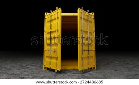 Bright yellow intermodal container with open doors revealing a dark interior, positioned on a textured gray surface against a black backdrop, highlighting themes of logistics and global trade