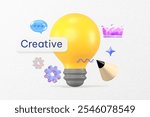 Bright yellow light bulb with creative icons like a crown, gear, and pencil. Creative ideas, creative thinking, and creative design elementson white paper textured background.