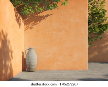 Bright Yellow Painted Walls With Green Tropical Leaves, Sunlight With Shadows. Summer, Spring Background. 3d Rendering.