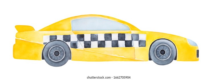 Bright Yellow Taxi Cab With Black And White Checkered Banner. Handdrawn Watercolour Sketchy Drawing, Cut Out Clip Art Element For Creative Design, Sticker, Welcome Card, Urban Poster, Service Label.