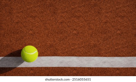 Bright yellow tennis ball on clay court. Close up of tennis ball. low angle. Ideal for a slide presentation. Template. 3D rendering. - Powered by Shutterstock