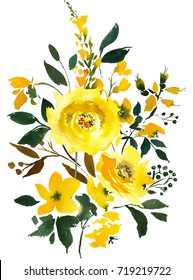 Bright Yellow Watercolor Floral Bouquet Isolated On White Background.