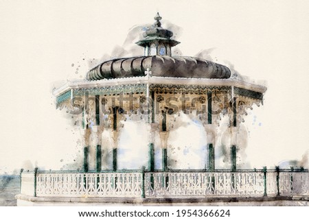 Brighton Bandstand pavilion. Victorian landmark located on the seafront, Brighton and Hove, East Sussex, England, United Kingdom. Aquarelle, watercolor illustration. Foto stock © 