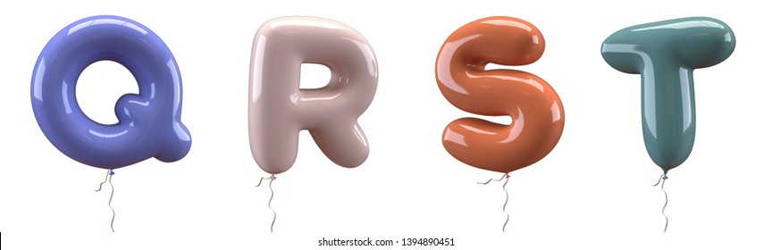 Brilliant balloons font. Alphabet letter q, r, s, t, made of realistic elastic color rubber balloon. 3D illustration for your extraordinary balloon decoration in several concepts idea in many occasion