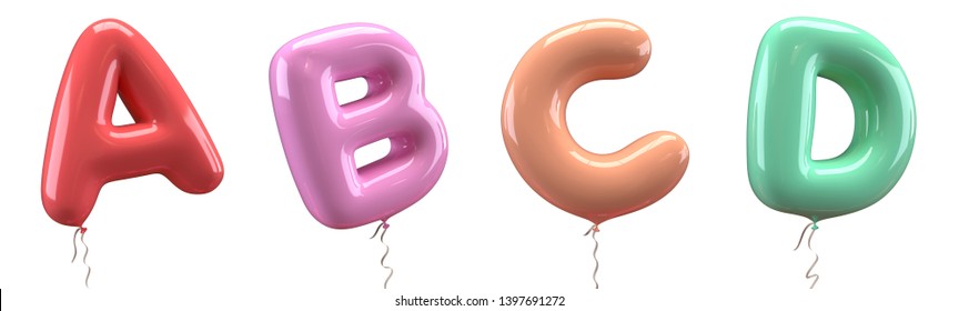 Brilliant balloons font. Alphabet letter a, b, c, d, made of realistic elastic color rubber balloon. 3D illustration for your extraordinary balloon decoration in several concepts idea in many occasion