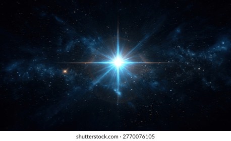 A brilliant blue star explodes with light, creating a dramatic lens flare against a backdrop of a dark, star-filled nebula.