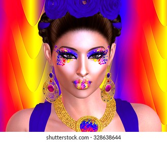 Brilliant Colors Adorn This Image Of A Woman That Was Inspired By The Great Mexican Artist Frieda Kahlo . This Is Our Very Own Unique Digital Art Design, Loaded With Bold And Vibrant Colors.