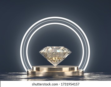 Brilliant Diamond Placed On Gold Stand Mock Up With Light And Black Background, 3D Rendering.