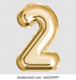 Brilliant Number two ; 2 letter alphabet made of realistic 3d Gold helium balloon with Clipping Path ready to use. Illustration of balloon number collection for your design project decoration element.