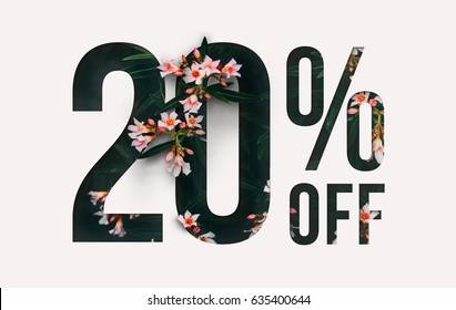 Brilliant Promotion sale poster, banner, ads 20% off discount. Precious Paper cut with real orchid flowers and leaves. For your unique selling poster / banner promotion offer percent discount ads.