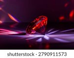 A brilliant ruby, faceted gemstone reflecting and refracting light on a dark surface. A faceted, bright red gemstone on a black background