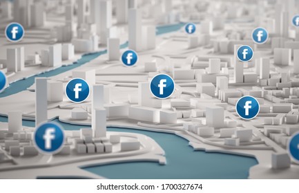 Brisbane, Australia - 04/11/2020 : Facebook Icon Over Aerial View Of City Buildings 3D Rendering