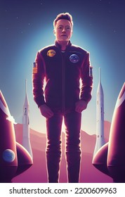 Brisbane, Australia - 12 09  2022: Elon Musk With Rockets, Cartoon, Space X, Background 