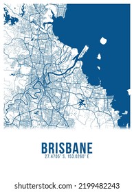 Brisbane Blue Color City Map Poster