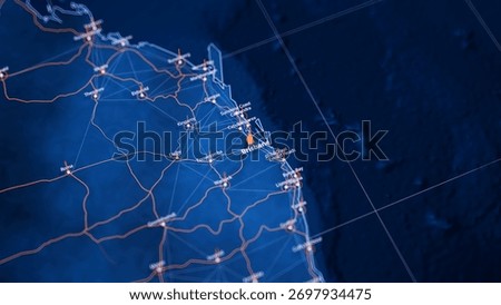 Brisbane map big data visualization. Futuristic map infographic of city in Australia. Visual map data complexity in modern blue and orange colors. 3D Illustration