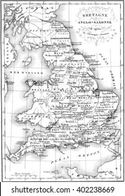 Britain Anglo-Saxon map, vintage engraved illustration. Colorful History of England, 1837.