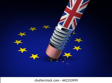 Britain European Union decision as a brexit leave concept and UK leaving vote or Euro zone crisis as a pencil with the british flag erasing a star of the Europe icon as a 3D illustration.