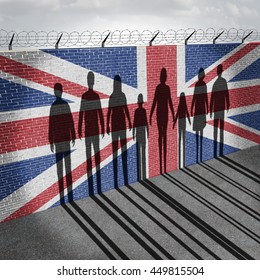 Britain Immigration Refugee Crisis Concept As People On A Border Wall With A British Flag As A Symbol Of UK Illegal Immigrants With The Shadow Of A Group Of Migrants With 3D Illustration Elements.