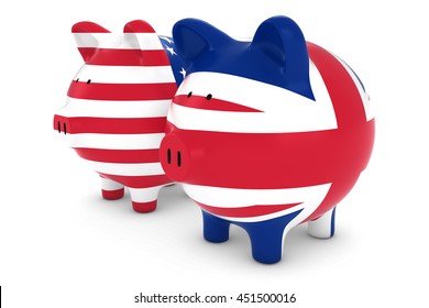 British and American Flag Piggy Banks 3D Illustration