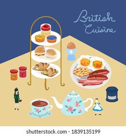 British Cuisine Breakfast And Afternoon Tea Food Icon. Egg, Bacon, Sausage And Beans, Scones With Jam, Scone, Pie And Cakes.