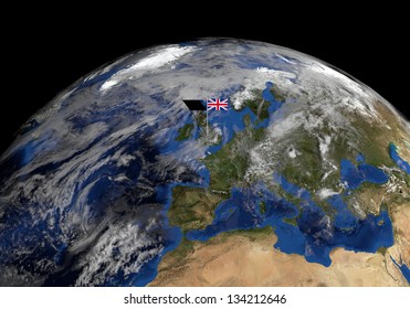 British flag on pole on earth globe illustration - Elements of this image furnished by NASA