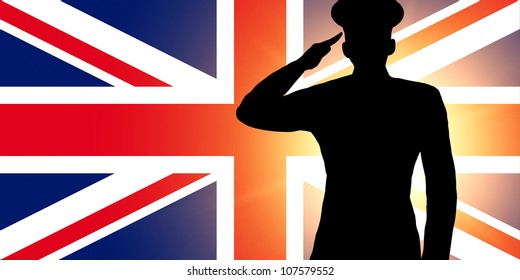 The British Flag And The Silhouette Of A Soldier's Military Salute