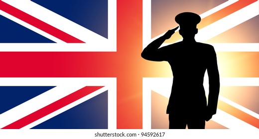 The British Flag And The Silhouette Of A Soldier's Military Salute