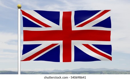 British Flag Or Union Jack Flying On A Flag Pole Against A Blue Sky And Clouds